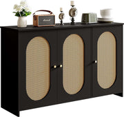 Gutent Dressoir, Zwart, met 3 deuren, Veel Opbergruimte, Kunstrotan Deuren en metalen handgrepen, is een accentstuk in de eetkamer, woonkamer en keuken.