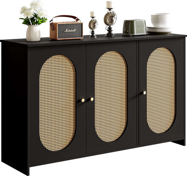 Gutent Dressoir, Zwart, met 3 deuren, Veel Opbergruimte, Kunstrotan Deuren en metalen handgrepen, is een accentstuk in de eetkamer, woonkamer en keuken.