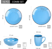 Luxe Serviesset- 16 Delig – 4 Persoons – Keramiek - Bordenset – Dinnerplaten – Dessertborden - Kommen - Mokken - Aquablauw