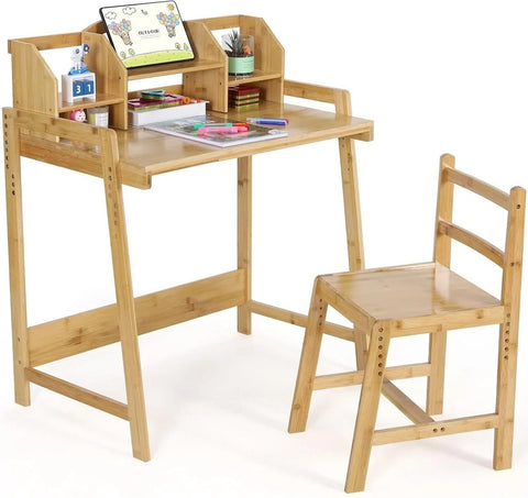 Kinderbureau met stoel - Kinderbureau - Kindertafel - Kinderbureaustoel - In Hoogte Verstelbaar - Met Opbergruimte - Bamboe - 95x80x50cm - 3-10 Jaar