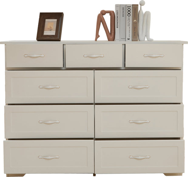 Witte Ladekast met 9 Lades – Grote Opbergkast 120x40x88 cm – Gelakt Halmeubel met Golvend Design en Slagvaste Hoeken – Voor Woonkamer, Badkamer of Slaapkamer
