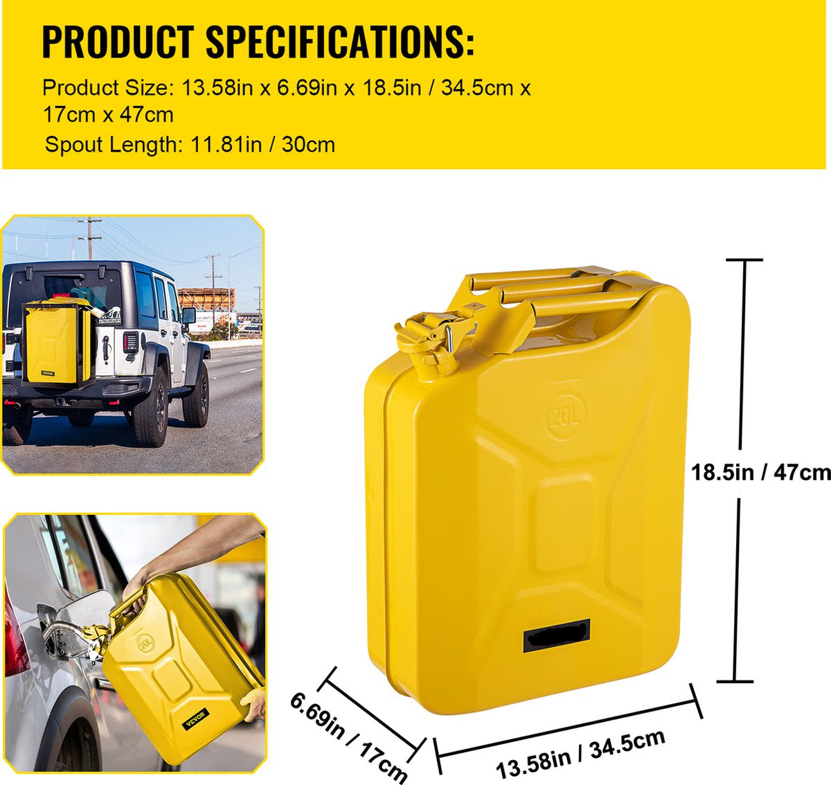 Benzinejerrycan - 0.8 mm Dik Koudgewalst Staal - 30 x 15 x 18.5 Inch 20 Liter - met Ergonomische Handgrepen - met Flexibele Uitloopauto's - Geel