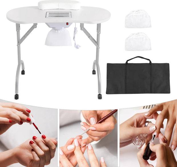 Manicure Tafel - Nageltafel Met Afzuiging - Opvouwbaar - Op Wielen - 90x40 cm - Wit - Inclusief Stofzakken en Draagtas - Nagel Stofafzuigers
