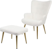 Fauteuil - Relaxing chair - Met voetenbankje - Leesstoel - Woonkamer stoel - Fauteuil - Stoel met voetenbank - Stoel met hocker - Goud metalen poten - Teddy stof - Wit