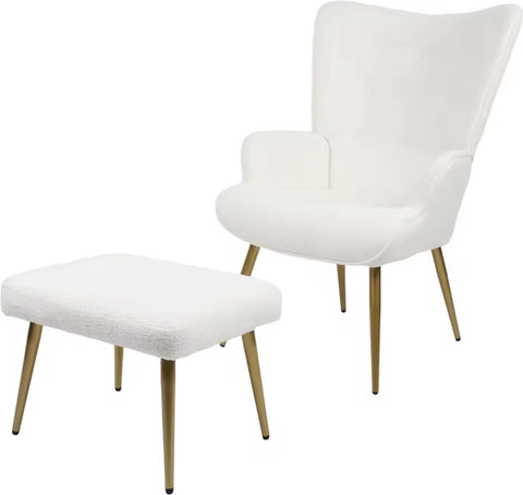 Fauteuil - Relaxing chair - Met voetenbankje - Leesstoel - Woonkamer stoel - Fauteuil - Stoel met voetenbank - Stoel met hocker - Goud metalen poten - Teddy stof - Wit