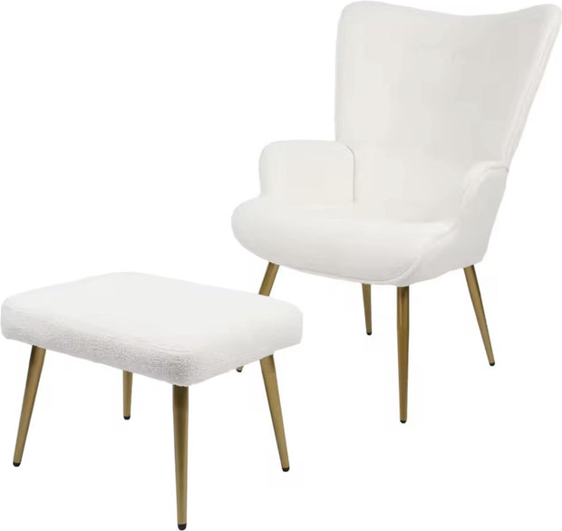 Fauteuil - Relaxing chair - Met voetenbankje - Leesstoel - Woonkamer stoel - Fauteuil - Stoel met voetenbank - Stoel met hocker - Goud metalen poten - Teddy stof - Wit