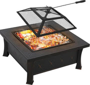 BBQ - Grill Apparaat - Vuurkorf - Vuurschaal - Met Kookrooster - Met Vonkscherm - Met Poker Haak en Opvangbak - Tuinhaard - Kookplaat - Vierkant - Zwart - 81x81x34.5CM