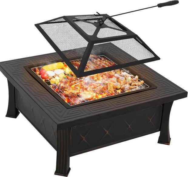 BBQ - Grill Apparaat - Vuurkorf - Vuurschaal - Met Kookrooster - Met Vonkscherm - Met Poker Haak en Opvangbak - Tuinhaard - Kookplaat - Vierkant - Zwart - 81x81x34.5CM