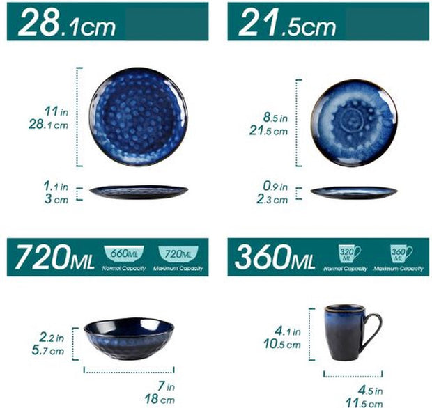 32-Delige Serviesset - 8 Persoons - Sterrenblauwe Glazuurlaag - Inclusief Dinerborden, Dessertborden, Kommen en Mokken - Blauw