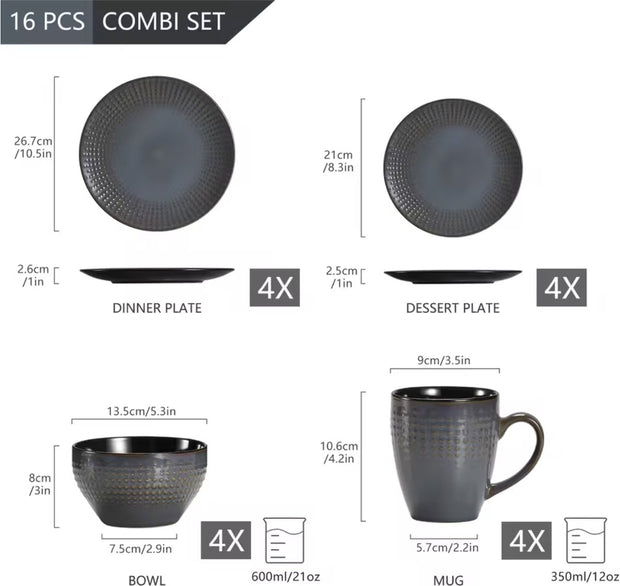 Dinnerware set Blue - Ceramic - 4 large plates - 4 small plates - 4 bowls - 4 cups - 16 pieces - Relief - Blue