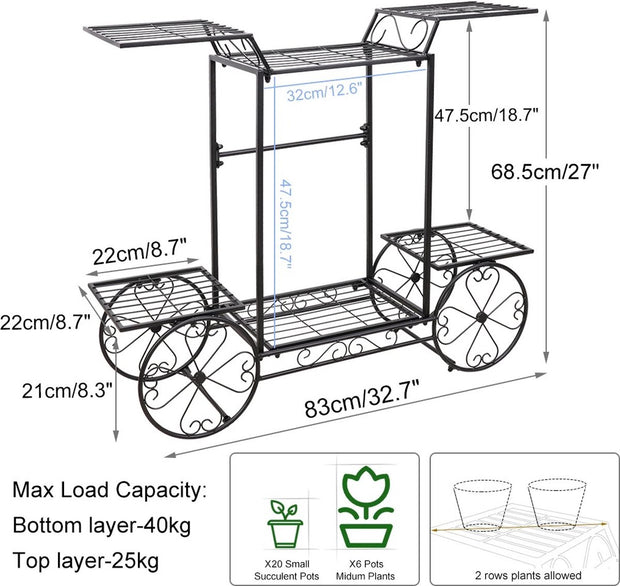 Plantenrek - Zwart Poedercoat Metaal - 4 Wielen - 6-Laags - 83x22x68.5cm -Landelijk - Tuin - Patio - Binnen en Buiten - Bloemen - Planten