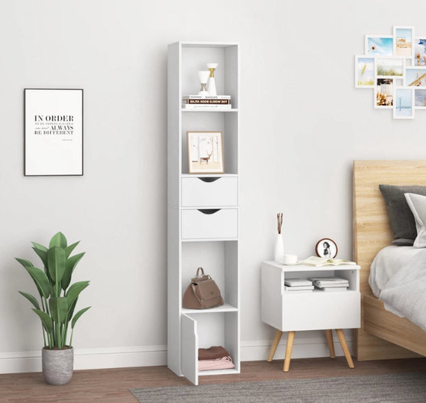 Luxe Opbergkast - Boekenkast - Opberg Kast - Wandkast - 6 Planken - 2 Lades - Hout - Wit