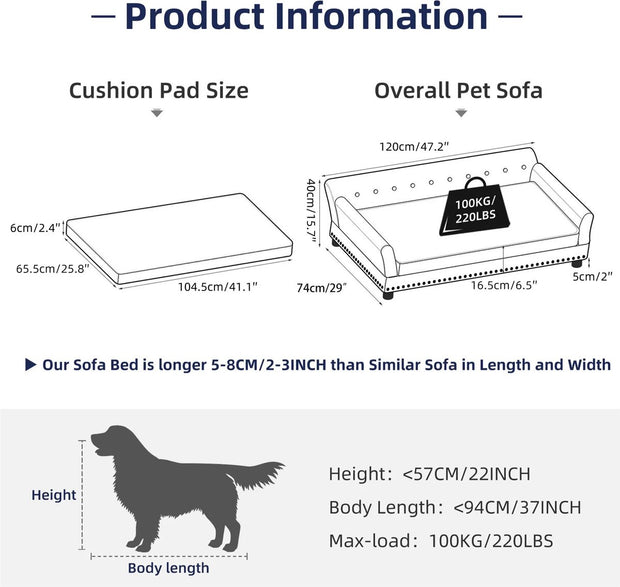 Hondenbed - Honden slaapbank - Hondenslaapbank op pootjes - Hondensofa - Honden zetel - Hondensofa voor grote honden - 120x74x40cm
