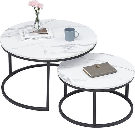 Salontafel - Set Van 2 - 80x60cm - Zwart - Ronde Salontafel - Marmer Blad - IJzeren Onderstel - Salontafel Rond - Salontafels