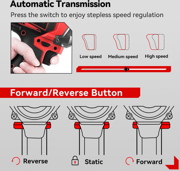 Elektrische Slagmoersleutel - Slagmoer - Koolborstel loze motor - Slagtol - Slagsleutel - 1200Nm - 2 Accu's - Accu lader - 18V - LED Licht - 4 Versnellingen - 1 Opzetstuk - Rood Zwart