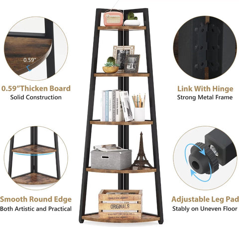 Bookcase - Corner cabinet - Cabinet with shelves - Quarter circle - 5 shelves - Industrial - Wood and metal - Brown/Black