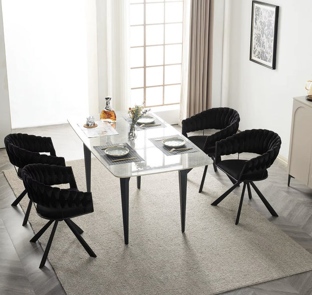 Luxe eetkamerstoel set van 2 - Draaibare eetstoel - Fluweel eetkamerstoel - Eettafel stoel - Fauteuil - Stoel - Velvet - Gevlochten - Set - Zwart