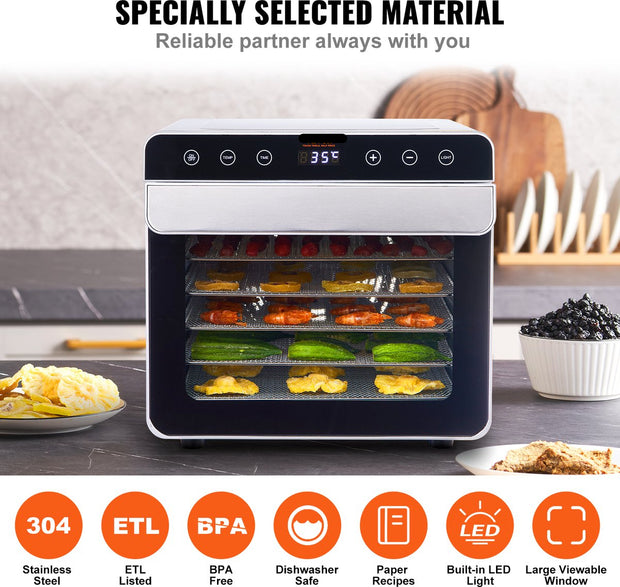 Dehydrator – 700W – 6 Dienbladen – 35-85℃ Temperatuurregeling – Geschikt voor het Drogen van Vlees, Fruit en Groenten – Ideaal voor Keukens en Voedselbereiding
