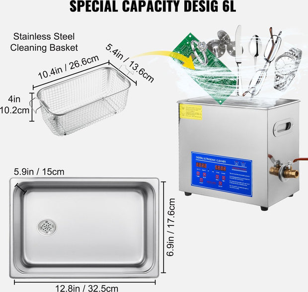 Ultrasoon Reiniger 5.8-6L – Roestvrij Staal – Professioneel Ultrasoon Reinigingsapparaat - met Digitale Verwarmingstimer – Voor Sieraden en Brillen