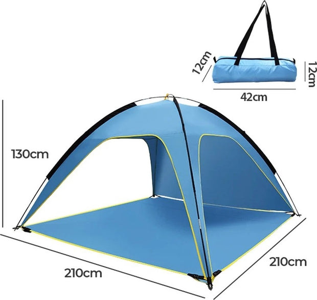 Ruime Strandtent - Snelle Opzetconstructie - Tot 4 Personen - 3-Zijden Ventilatie - Zonbescherming met Zilvercoating - Bodem Demontabel - Blauw - 210x210x130 cm