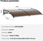 Luifel voor Ramen en Deuren - 6mm Dikke - PC-Zonweringspanelen - UPF 50+ Bescherming - Waterdichte - Eenvoudige Installatie - Bruine Printplaat - Zwarte Beugels - Geschikt voor Buiten (38x78 Inch)