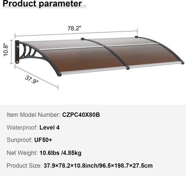 Luifel voor Ramen en Deuren - 6mm Dikke - PC-Zonweringspanelen - UPF 50+ Bescherming - Waterdichte - Eenvoudige Installatie - Bruine Printplaat - Zwarte Beugels - Geschikt voor Buiten (38x78 Inch)