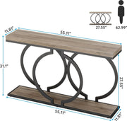 Consoletafel - Sidetable - met O-vormige Gouden Metalen Poten - Haltafel - Wandtafel - 140x30x80 cm - Grijs en Zwart - Metaal en Hout - Modern - Console Tafel