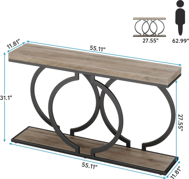 Consoletafel - Sidetable - met O-vormige Gouden Metalen Poten - Haltafel - Wandtafel - 140x30x80 cm - Grijs en Zwart - Metaal en Hout - Modern - Console Tafel