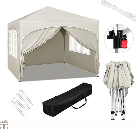 Partytent met zijwanden - Beige - Opvouwbaar - Easy up - Paviljoen - Waterdicht weerbestendig - 3x3 m