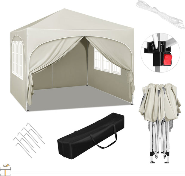 Partytent met zijwanden - Beige - Opvouwbaar - Easy up - Paviljoen - Waterdicht weerbestendig - 3x3 m