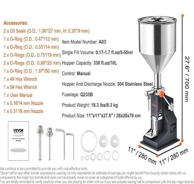 Handmatige Vulmachine - Vloeistofvulmachine - 5-50ml - 10L Trechter - Verstelbare Capaciteit - Voor Diverse Vloeistoffen
