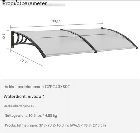 Voordeurluifel - Voordeur dakbedekking - zonwerende folie PC plaat - 965x1987mm