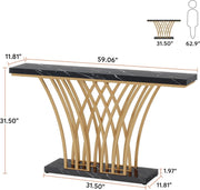 Console Tafel – Bijzettafel – Sidetable Modern - met Metalen Basis in Roostervorm – Metalen Frame – Zwart Goud – 150 x 30 x 80 cm