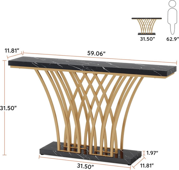 Console Tafel – Bijzettafel – Sidetable Modern - met Metalen Basis in Roostervorm – Metalen Frame – Zwart Goud – 150 x 30 x 80 cm