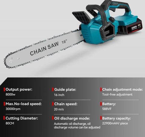 Elektrische Kettingzaag - Kettingzaag met Accu - Houtzaag - Houtbewerking - Boomzaag - Krachtig - 8000W - 16 Inch - 2 Accu's - Acculader - Ketting en Zaagblad - Noodstop - Verstelbare Ketting