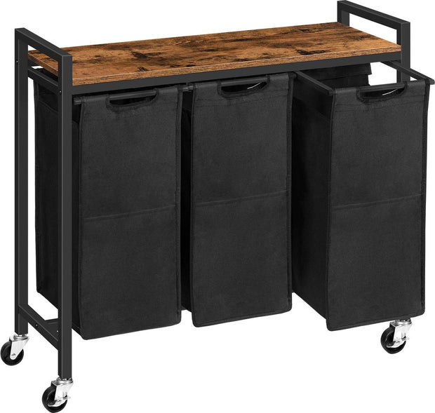 Laundry Basket With 3 Compartments - Capacity 120 Liters - Laundry Basket With Shelf And Pull-Out Bags - Laundry Sorter For Utility Room Bedroom Bathroom Dormitory - Black