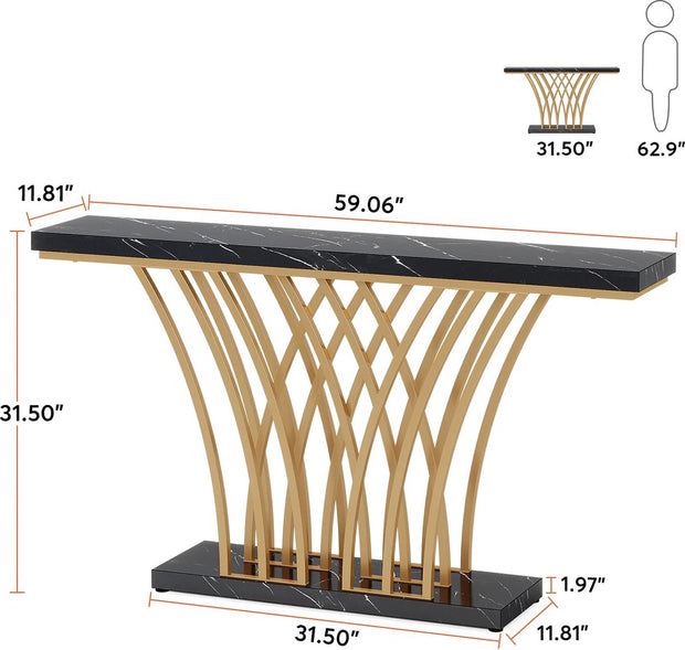 Grid Console Table - Moderne Gouden Consoletafel - Haltafel - Wandtafel met Rastervormig Metalen Onderstel - Ideaal voor Ingang, Gang en Entree - Zwart - Goud - Marmer - 150 x 80 x 30 cm (B x H x D)