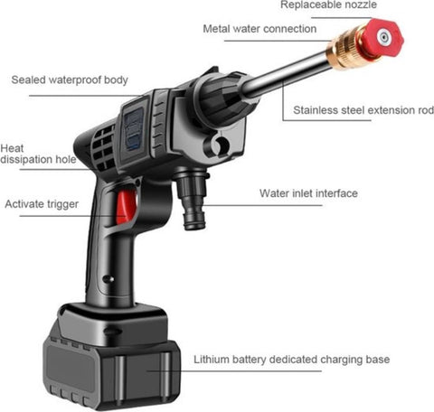 Draadloze Hogedrukreiniger - Met Accu en Oplader - 20000mAh - Hoge Druk Reiniger - Instelbaar - 50 BAR - Inclusief Waterslang - Zwart
