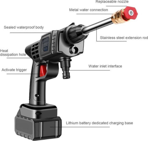 Draadloze Hogedrukreiniger - Met Accu en Oplader - 20000mAh - Hoge Druk Reiniger - Instelbaar - 50 BAR - Inclusief Waterslang - Zwart