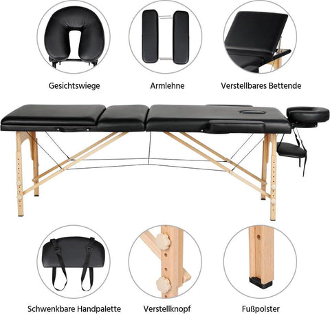 Folding massage table with wooden legs and height adjustment - Carrying bag and accessories - Cosmetic lounger