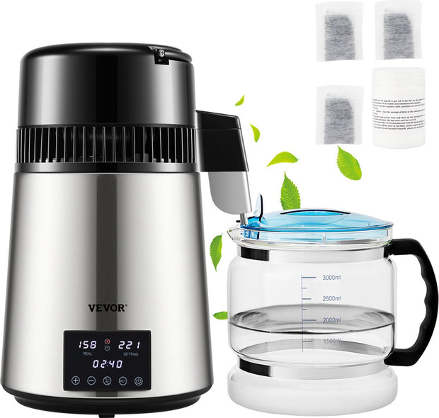 Water Distilleerder-1.5 L/uur - 4L Destilleerketel-Roestvrij Staal - 1750W Destilleerapparaat met Dubbele Temperatuurweergave - Reinigingspoeder voor Glazen Karaf 3 Carbon Packs