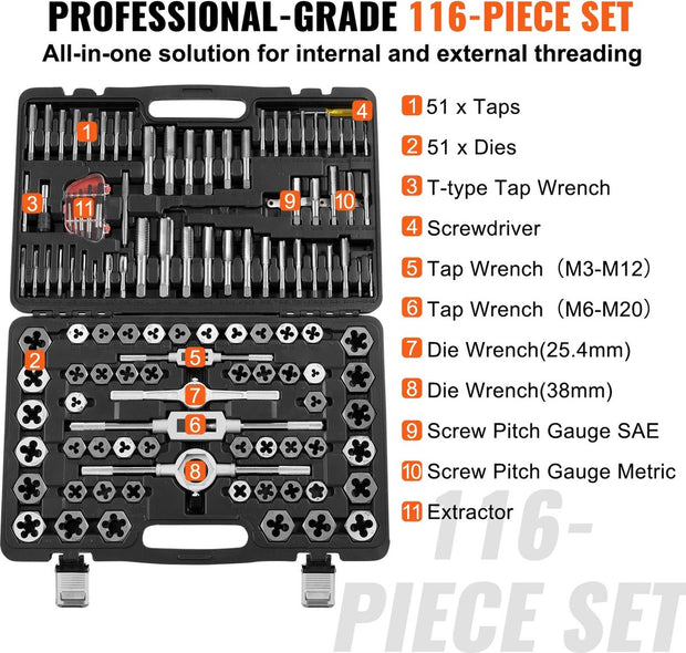 Draadtap Set - Draadsnijder - Tapset - Tappenset - 116 Delig - 51 Tappen - 51 Matrijzen