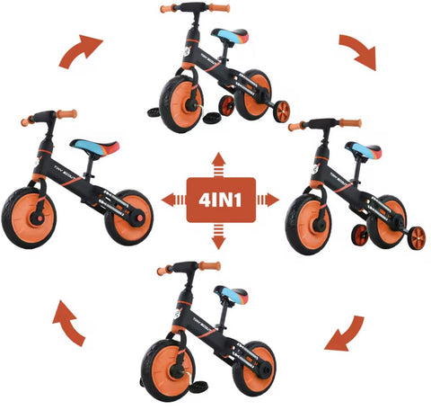 Loopfiets - Kinderfiets - Kleuterfiets - Peuterfiets - 4in1 kinderfiets - Afneembare trappers - Afneembare zijwieltjes - Verstelbaar zadel - Oranje - Zwart