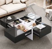 Salontafel - Hoogglans salontafel - Vierkant salontafel - 4 Lades - Uitschuifbaar - Hoogglans zwart - 70x70x35cm