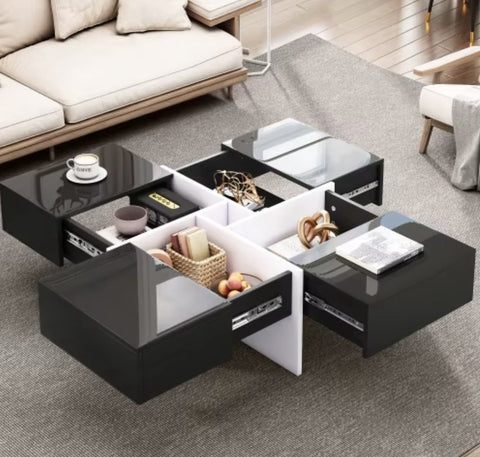 Salontafel - Hoogglans salontafel - Vierkant salontafel - 4 Lades - Uitschuifbaar - Hoogglans zwart - 70x70x35cm