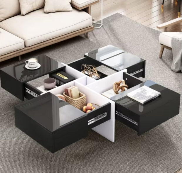 Salontafel - Hoogglans salontafel - Vierkant salontafel - 4 Lades - Uitschuifbaar - Hoogglans zwart - 70x70x35cm