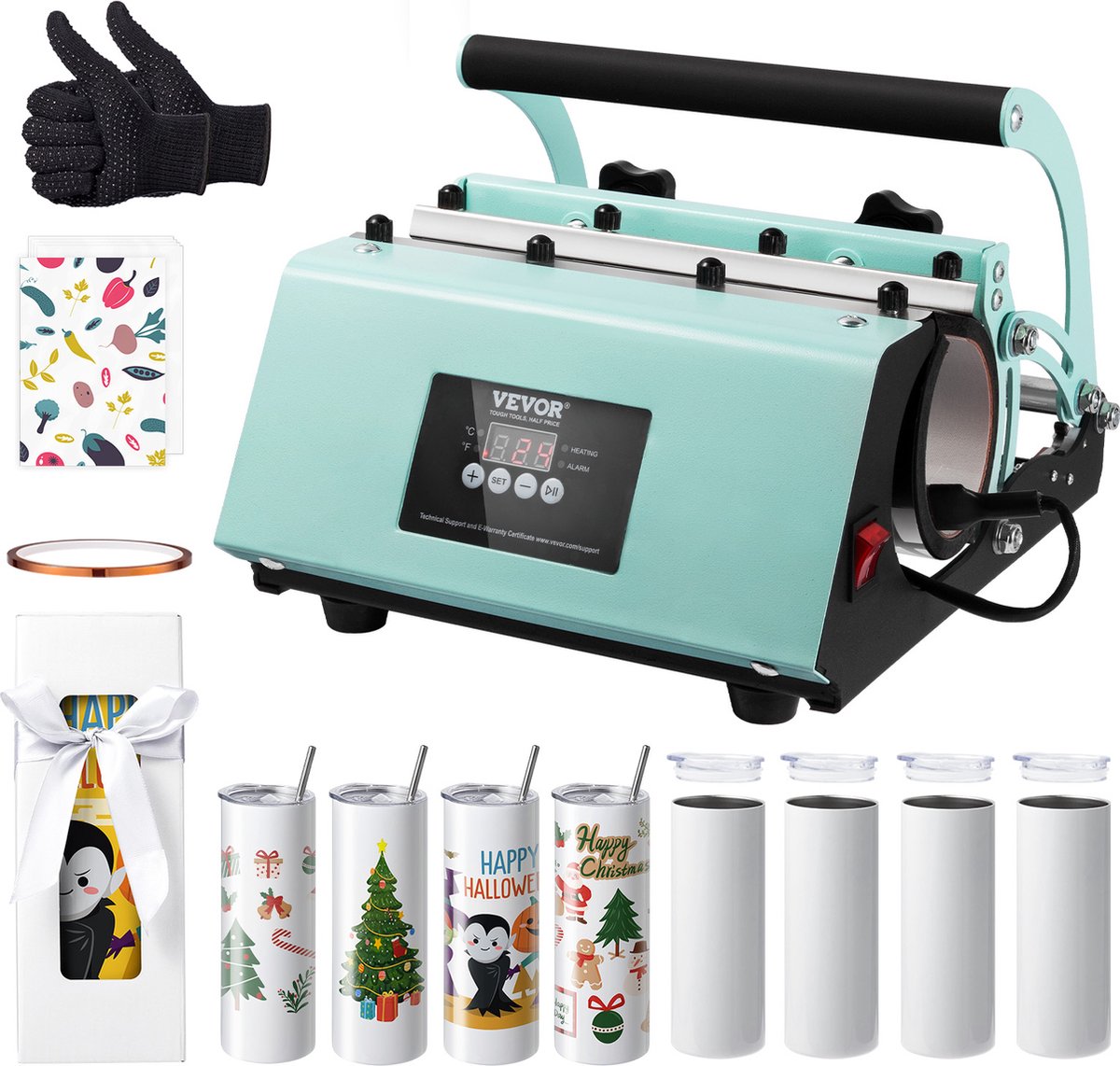 Tumbler Hittepers en -  Sublimatiemokken - RVS - Temperatuurbereik 0-250℃ - Met 8 Stuks - 20oz - Lege Mokken - Mokpers voor 11-30oz Tumblers - Met Warmteoverdrachtpapier - Handschoenen - 36,5 x 28 x 19,7 cm - Lichtgroen