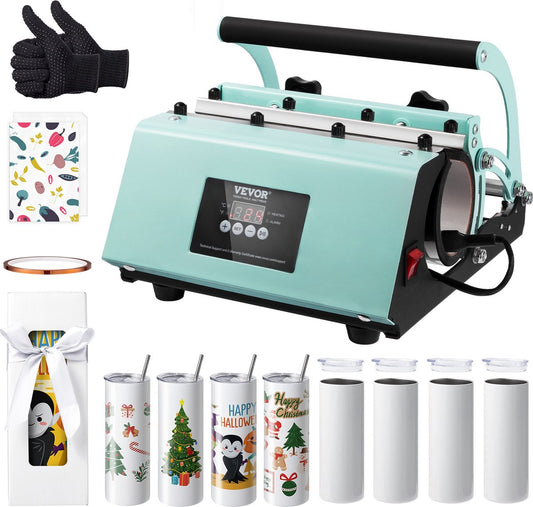 Tumbler Hittepers en -  Sublimatiemokken - RVS - Temperatuurbereik 0-250℃ - Met 8 Stuks - 20oz - Lege Mokken - Mokpers voor 11-30oz Tumblers - Met Warmteoverdrachtpapier - Handschoenen - 36,5 x 28 x 19,7 cm - Lichtgroen