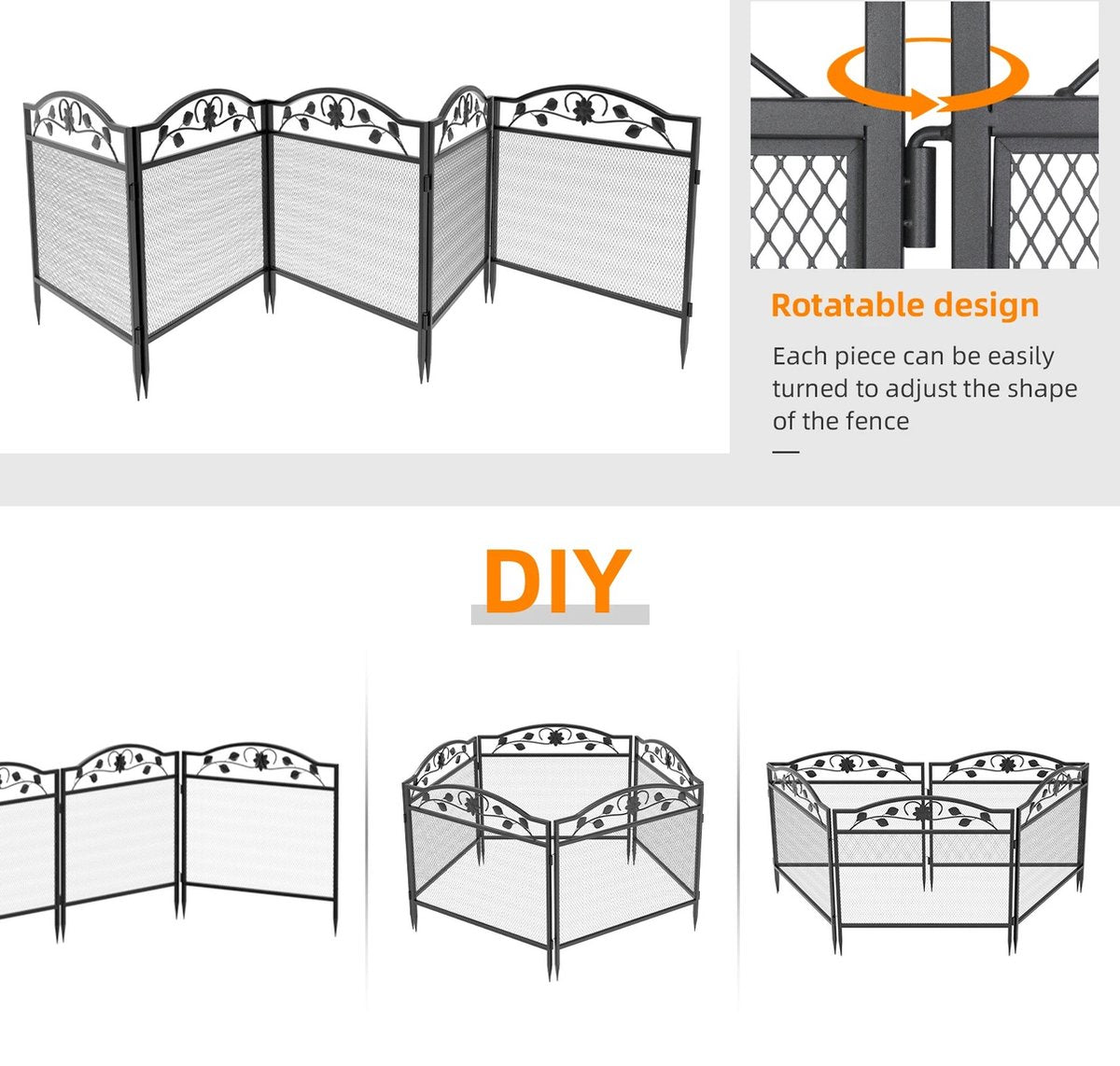 5 Panel Decorative Garden Pathway Fence - Black Metal Garden Dog Animal Barrier Border Outdoor