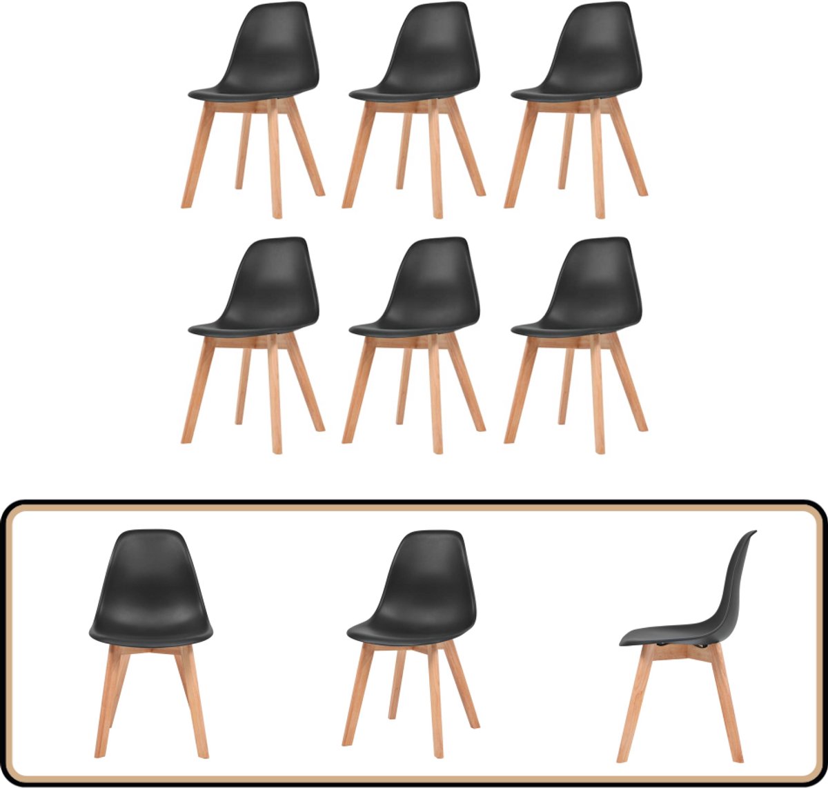 Eetkamerstoelen - Kunststof Zwart - 6 Stuks Eetkamerstoelen - Zwarte Stoelen - Plastic Stoelen - Hout Poten - Comfortabele Stoelen - Zwart